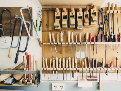Workshop wall of hand tools